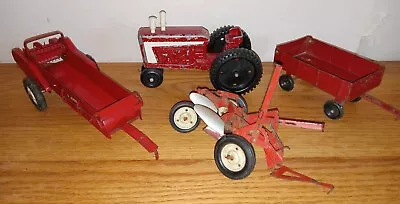 4 Vintage Farm Equipment  Tru Scale Tractor Plows IH Spreader & Ertl Wagon • $14