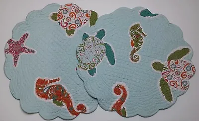 $16.93 • Buy Set Of 2 C&F ST. KITTS Quilted Cotton Round Placemats SEAHORSES STARFISH TURTLES