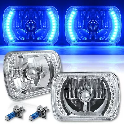 7X6 Blue LED Halo Halogen Crystal Clear Headlights Angel Eye H4 Light Bulbs Pair • $69.95