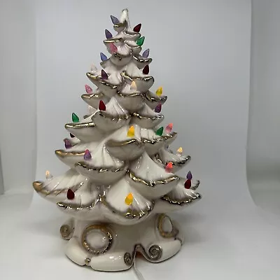 Vintage White Gold Atlantic Mold Christmas Tree Ceramic Scroll Music Box • $85