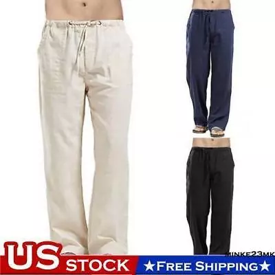 Mens Summer Cotton Linen Chino Pants  Drawstring Elastic Waist Loose Trousers • $18.26