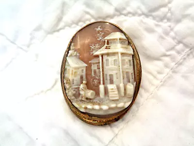 ESTATE ANTIQUE VICTORIAN GOLD FILL CARVED CAMEO PIN HOMES MAN W/BARRELS RARE HTF • $225