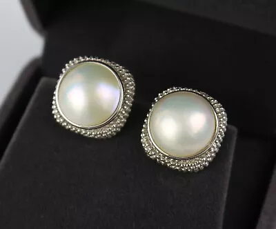 Vintage 14K White Gold 14mm Mabe Pearl Omega Back Earrings 12.5 Grams • $498