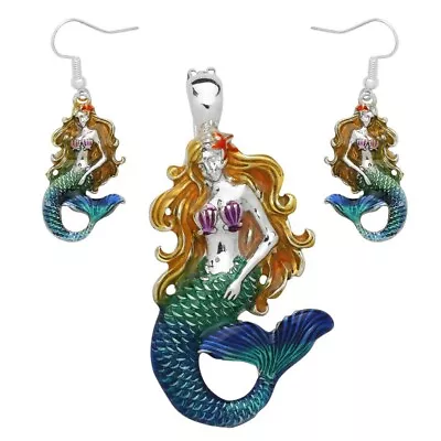 Mermaid Pendant SET Necklace Earrings Seahorse Enamel Charm Beach Jewelry BLUE • $12.99