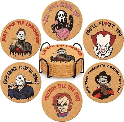 6Pcs Halloween Horror Movie Character Spooky Coasters Set With Holder - Round Co • $26.51