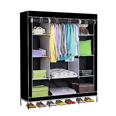 50   Large Canvas Wardrobe With Hanging Rail Shelving Clothes Storage Cupboard • £19.99