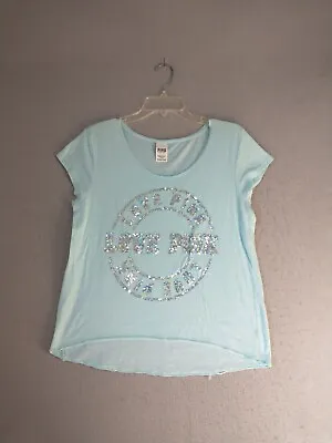 Victorias Secret Pink Womens Top Large Blue Short Sleeve Sequin Casual Pullover • $12.95