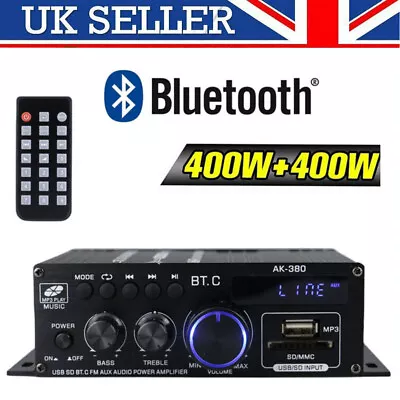 400W Bluetooth 5.0 HiFi Power Amplifier Audio Digital Stereo FM AMP Radio Music • £18.90