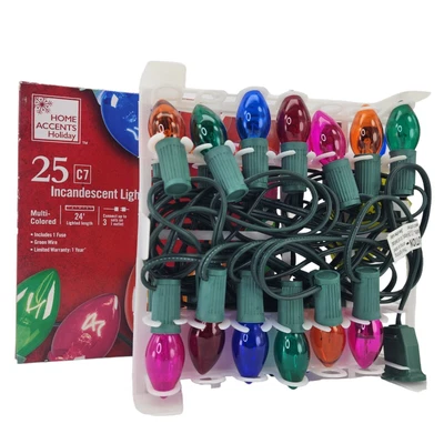 $6 • Buy C7 Multi-Colored Transparent Incandescent 25 Count String Lights Glass Bulbs New