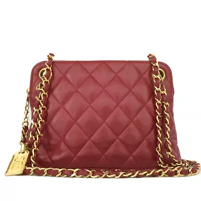 CHANEL Red Quilted Matelasse CC Logo Lambskin Chain Shoulder Bag /5R1337 • £93.66