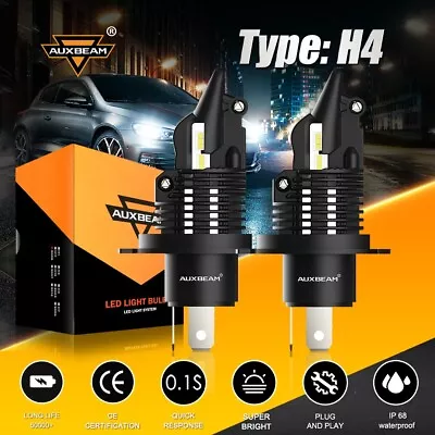 AUXBEAM H4 9003 LED Headlight High Low Beam Bulbs Globes Kit Pure White 6500K • $59.99
