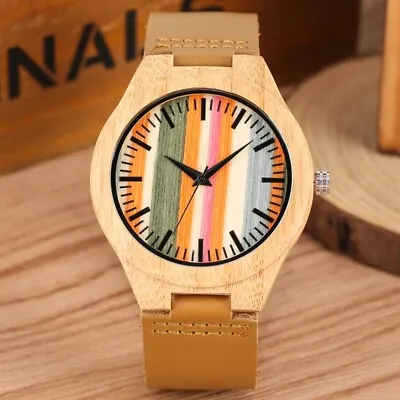 Casual Nature Wood Watch Men's Bamboo Quartz Wristwatch Brown Leather Bracelet • £10.79