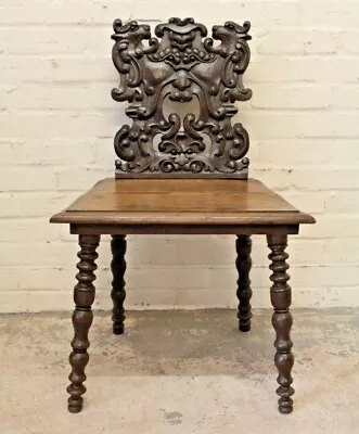 Antique Victorian Walnut Hall Chair ~ Bobbin Legs Carved Back (Can Deliver) • £95