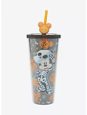 Disney Mickey Mouse Skeleton Halloween Tumbler W/ Pumpkin Mickey Straw Topper • $23.96