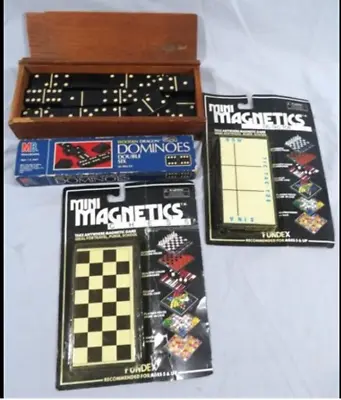 Vintage 4-GAMES*Dominoes*Magnetic Chess* Tic Tac Toe*Milton Bradley Wooden • $90