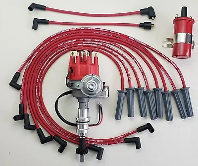 FORD 351C 429 460 SMALL CAP HEI DISTRIBUTOR + COIL + RED 8.5mm SPARK PLUG WIRES • $181.95