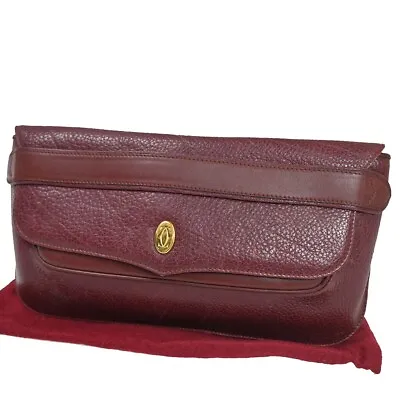 MUST DE CARTIER 2C Logo Clutch Hand Bag Leather Bordeaux Gold Italy 08SH028 • $98