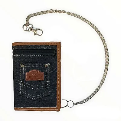 Men's Biker Canvas Faux Leather Wallet Coin And Safety Metal Chain Purse Pouch • £12.99