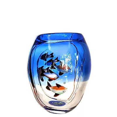 Murano Style Art Glass Cobalt Blue Bowl Vase With Swimming Fish 6  As Is • $22