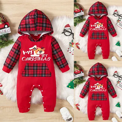 Newborn My 1st Christmas Baby Boys Girls Jumpsuit Hooded Romper Bodysuit Outfits • £8.69