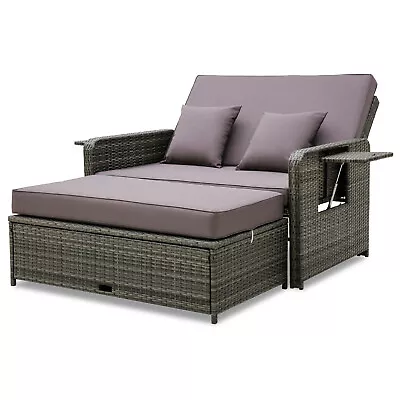 2-in-1 Garden Rattan Sofa Table Set Patio Wicker Daybed W/Adjustable Backrest • £299.95