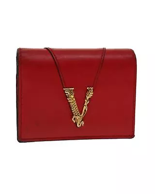 Pre Loved VERSACE  Virtus Compact Wallet Leather Red Gold Tone Auth Hk797  - • $890