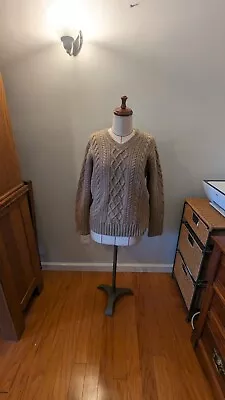 Vintage J Crew Size Large Hand Knit Sweater Beige Brown Wool Cable Knit V-Neck • $39.99