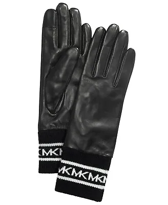 Michael Kors Sporty Black Leather Gloves Knit Trims Women's Size Medium NEW • $29.99