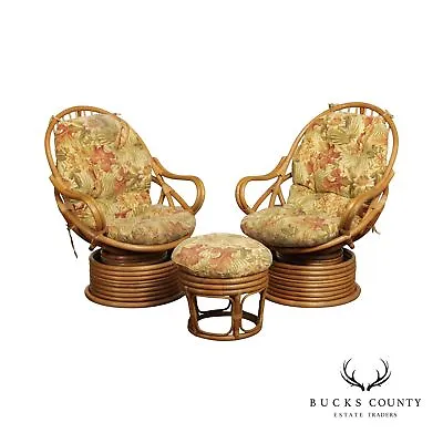 Mid Century Modern Pair Rattan Swivel Lounge Chairs With Ottoman • $1195