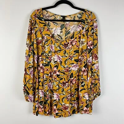 Torrid Fit And Flare Crinkle Gauze Top Womens 2X Yellow Floral Scoop Neck • $15.96