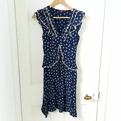 Vintage Style Blue & White Tea Dress Frill Blogger Wartime Retro Sz UK 8  • £14.99