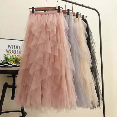 £11.60 • Buy High Waist SKIRT RUFFLE Women TUTU Long Skirt Tulle MAXI Sheer MESH Net Pleated