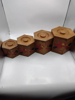 $32.99 • Buy Vtg Japan Wooden Nesting Canister Set Hen/ Rooster  4 Canisters With Lids 7654 I