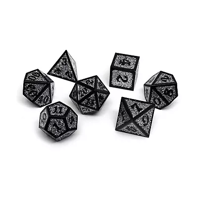 Medal Dice Poly Set Heroic Dice Of Metallic Luster - Silver W/Black (7) New • $29.95