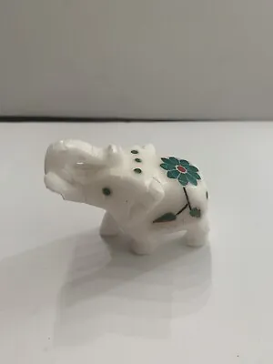 Marble Elephant With Inlay Art Stone Design Figurine India Pure White • $29