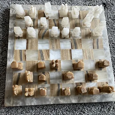 Handmade Tan White Brown  Onyx Marble Chess Board With Aztec Chess Pieces • $39.95
