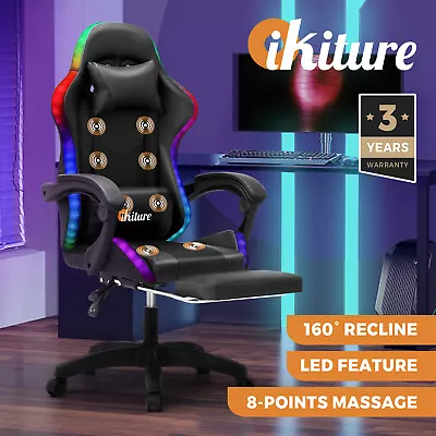 Oikiture Gaming Chair Massage Racing RGB LED Recliner Office Leather Footrest • $162