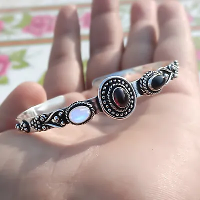 Garnet Black Onyx & Moonstone Gemstone 925 Sterling Silver Bangle Bracelet /717 • $21.16