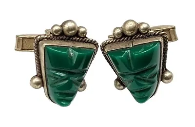 Vintage Alpaca Mexico Carved Green Mayan Aztec Mask Face Men's Cufflinks • $22