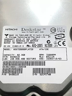 Hitachi Deskstar 80gb 3.5   IDE HDD 7200RPM (Model HDS728080PLAT20) • $50