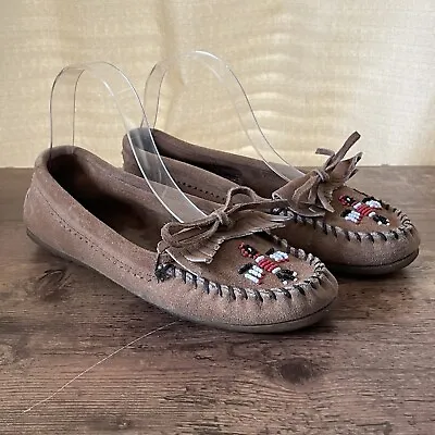 Minnetonka Womens Thunderbird Moccasins Sz 8 Brown Suede Beaded Hard Sole Shoe • $24