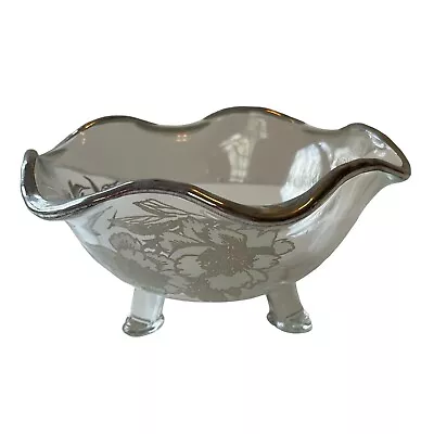 Footed Clear Glass Bowl Candy Dish Silver Floral Overlay & Trim Vintage • $14.95