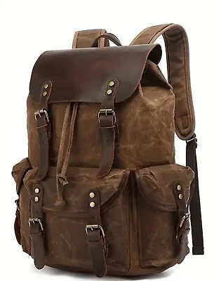 Waxed Canvas Backpack For Laptop Large Pockets Leather Travel Vintage Bag • $69.99