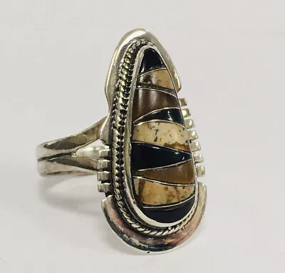 Estate Native American Style Sterling Silver Mosaic Black & Onyx Agate Ring Sz10 • $79.99