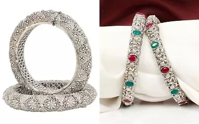 Indian Bollywood Silver Tone Bangle Bracelet 2 Pcs Ethnic Kundan Wedding Jewelry • £22.30