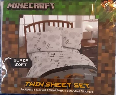 Mojang Minecraft Building Adventure Gaming White Bedding Twin Sheets Set NIP • $29.99