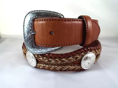 $38 • Buy EUC Vintage Tony Lama Men's Leather Belt Braided Silver Tone Accents Sz 34 7106L