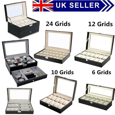 6-24 Grids Watch Storage Case Display Box Jewelry Organizer Holder Leather UK • £9.97
