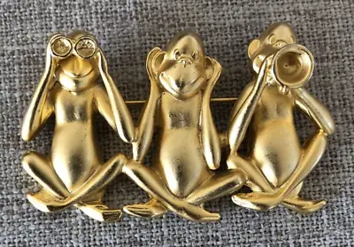 Vintage AJC Monkeys See No Evil Hear No Evil Speak No Evil Matte Goldtone Brooch • $19