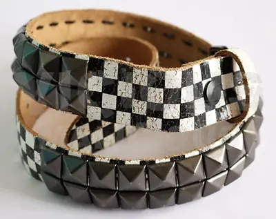 Bullet 69 Distressed Black And White Checked Gun Metal Pyramid Studded Leather B • £10.95